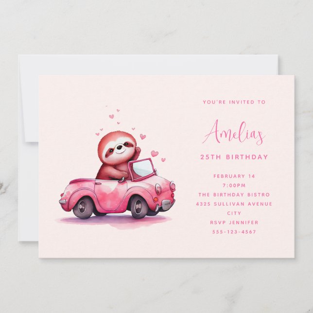 Convite Cute Sloth in a Pink Convertible  Birthday (Frente)