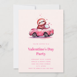 Convite Cute Sloth in a Pink Convertible Valentine's Day