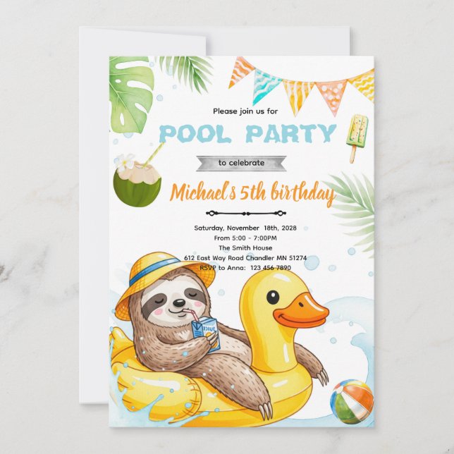 Convite Cute sloth pool theme invitation (Frente)