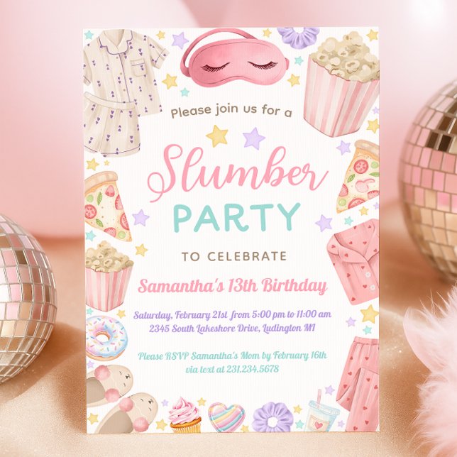 Convite Cute Slumber Party Girl Birthday (Cute Slumber Party Girl Birthday Invitation)