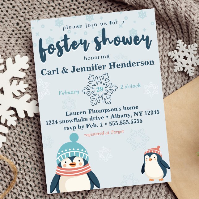 Convite Cute Snowy Penguin Foster Care Baby / Child Chá (foster care baby /child shower cute winter snowy penguin design blue gender neutral boy or girl )