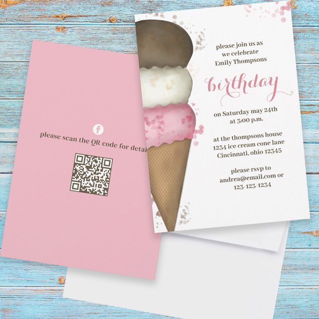 Convite Cute Sorvete de Cone de Aniversário Código QR Wate (Criador carregado)