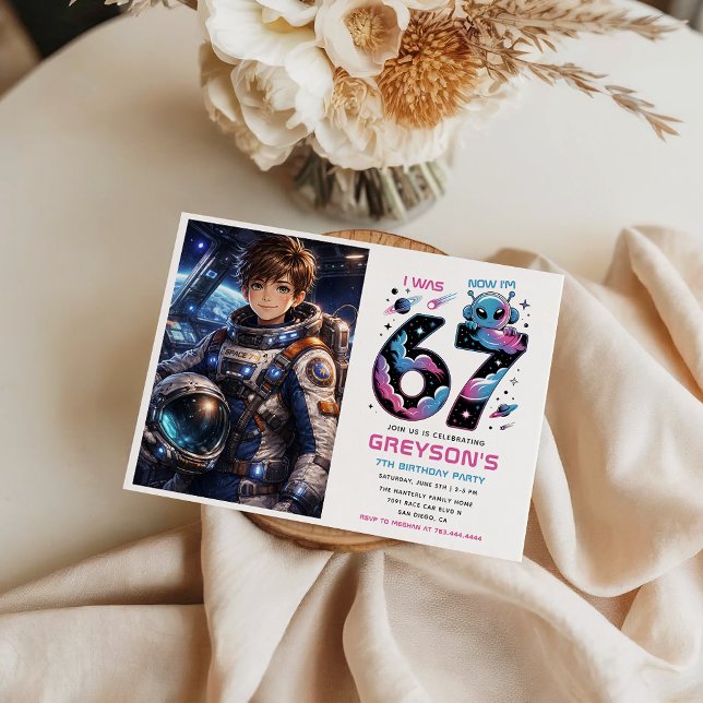 Convite Cute Space 7th Birthday photo | Six & Seven  (Cute Space 7th Birthday photo | Six & Seven Invitation)