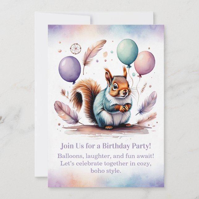 Convite Cute Squirrel Birthday Invitation Woodland Boho  (Frente)
