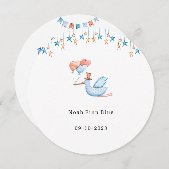 Convite Cute Stork Bird With Balloons Blue Baby Boy Card (Frente/Verso)