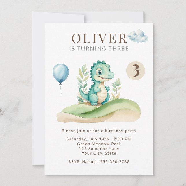 Convite Cute Storybook Dinosaur Birthday Party Invitation (Frente)