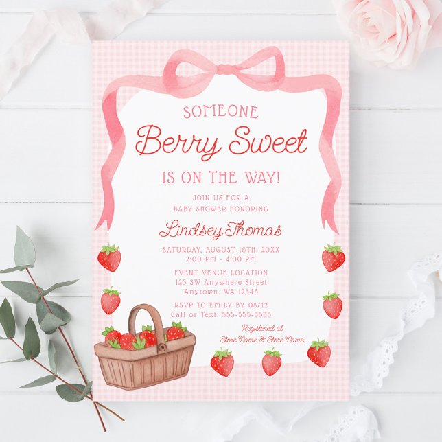Convite Cute Strawberry Bow Girl Baby Shower (Criador carregado)