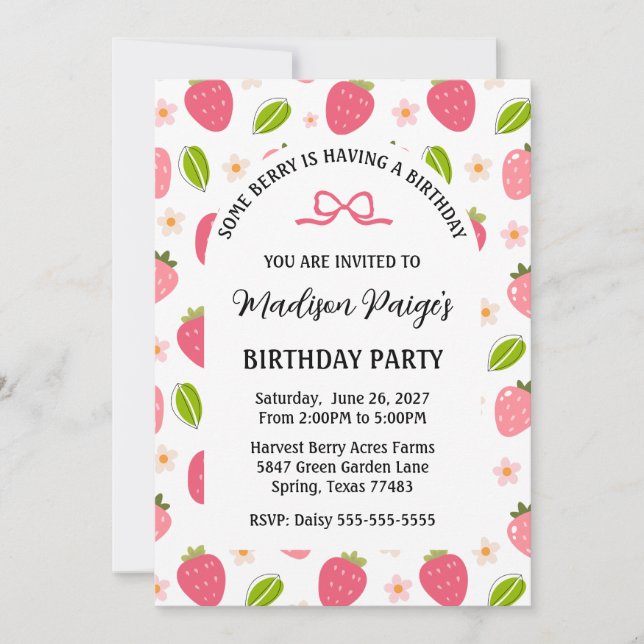 Convite Cute Strawberry Pink Girls Birthday Invitation (Frente)