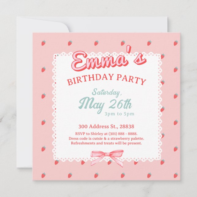Convite Cute Strawberry Square Invitation (Frente)