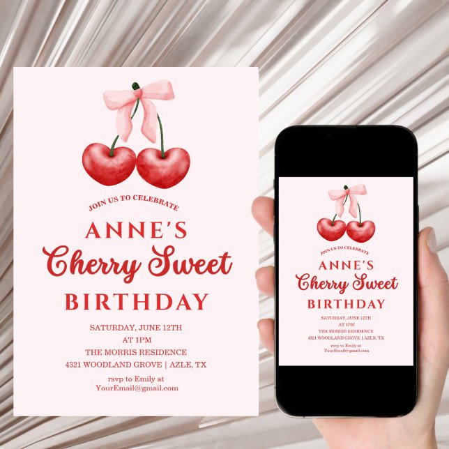 Convite cute Sweet Cherry Birthday Invitation Girl (Criador carregado)