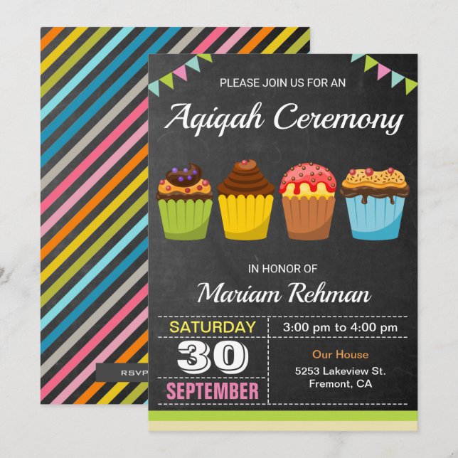 Convite Cute Sweet Cupcake Aqeeqah | Cerimônia Aqiqah (Frente/Verso)