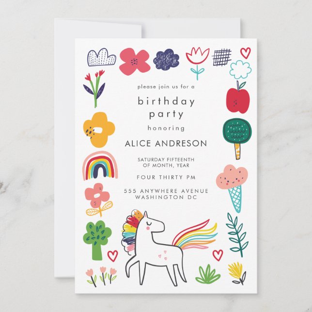 Convite Cute Sweet Unicorn Kids Birthday Party (Frente)
