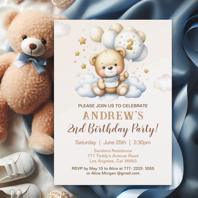 Convite Cute Teddy Bear 2nd Birthday for Boy (Criador carregado)