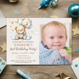 Convite Cute Teddy Bear 2nd Birthday for Boy with photo