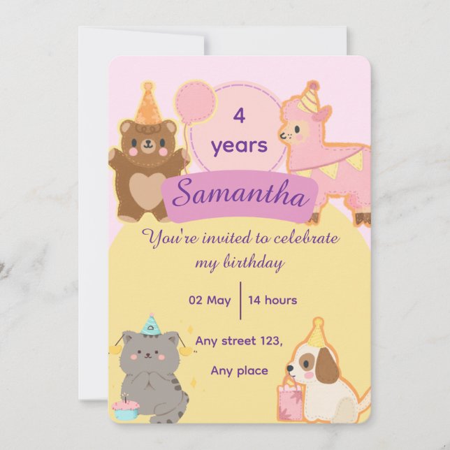 Convite Cute Teddy Bear 4th Birthday Editable Template (Frente)