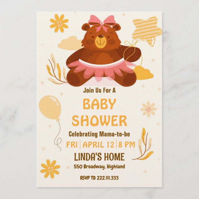 Convite Cute Teddy Bear Baby Shower Invitation for Girl (Frente)