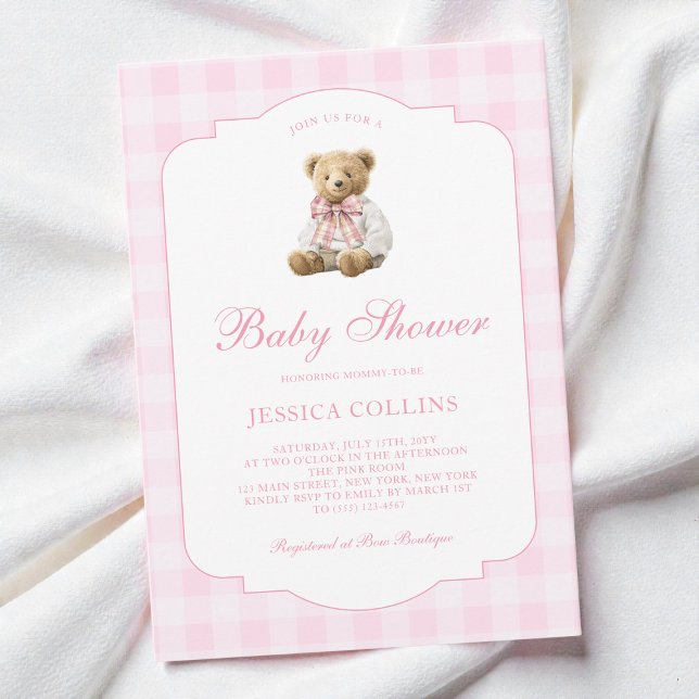 Convite Cute Teddy Bear Coquette Bow Pink Girl Baby Shower (Cute Teddy Bear Coquette Bow Pink Girl Baby Shower Invitation)