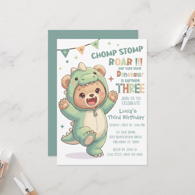 Convite Cute Teddy Bear Dinosaur | Third Dinosaur Birthday (Frente/Verso In Situ)