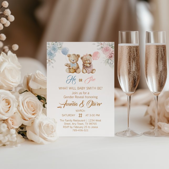 Convite Cute Teddy Bear Gender Reveal Blue Pink Balloons (Criador carregado)