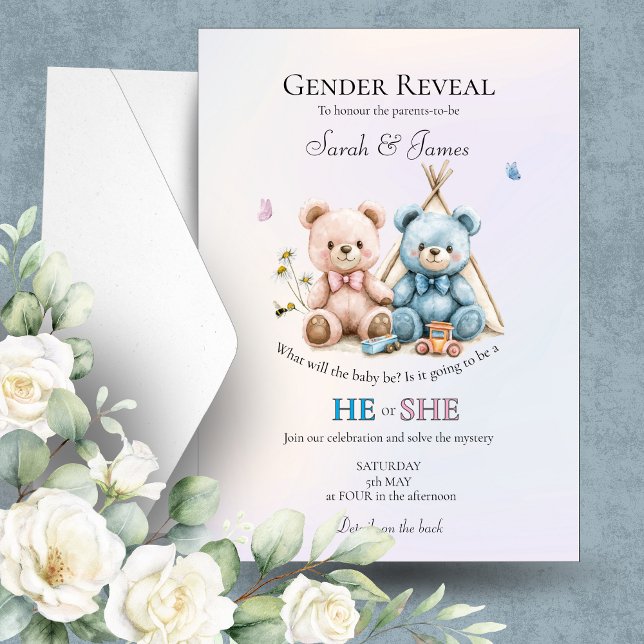 Convite Cute Teddy Bear Gender Reveal Invitation (Criador carregado)