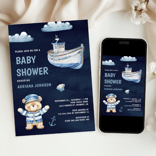 Convite Cute Teddy Bear Nautical Boat Navy Baby Shower (Criador carregado)