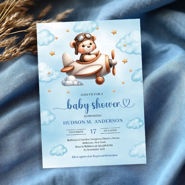 Convite Cute Teddy Bear Pilot Blue Brown Baby Shower   (Cute Teddy Bear Pilot Blue Brown Baby Shower Invitation

)