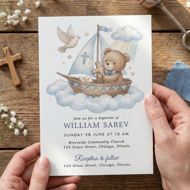 Convite Cute Teddy Bear Sailboat Baptism Invitation Design (Teddy Bear Baptism Invitation with Cross, Boat and Clouds)