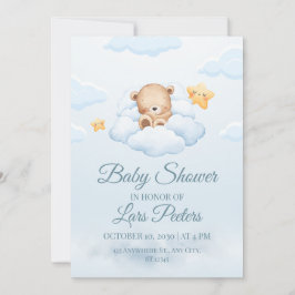 Convite Cute Teddy Bear Sleeping on Cloud Baby Shower Invi