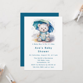 Convite Cute Teddy Bear With Umbrella Boy Baby Shower 