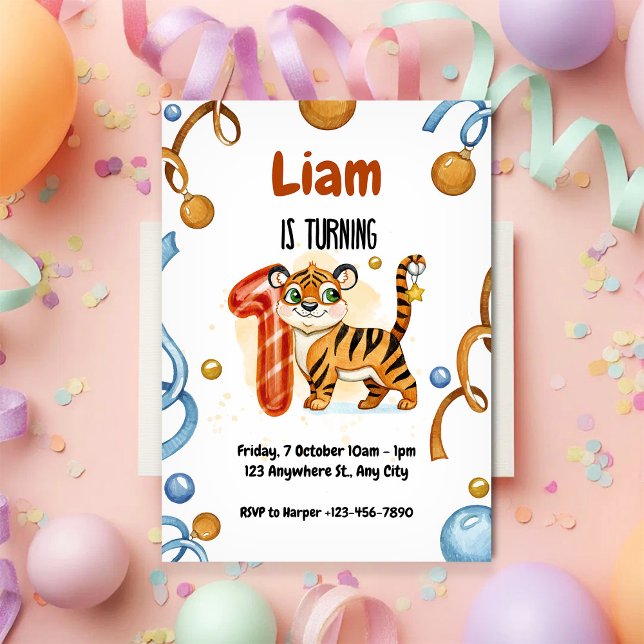 Convite Cute Tiger 1st Birthday Party Invitation (Criador carregado)