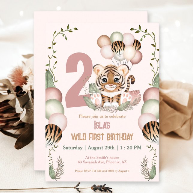 Convite Cute Tiger Safari Rosa Dois segundos aniversários  (Cute Tiger Safari Pink Two Wild Girl 2nd Birthday Invitation)