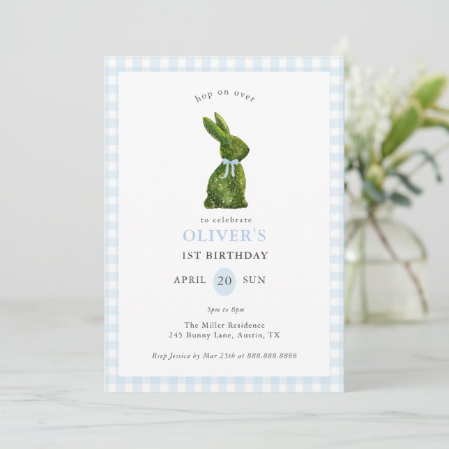Convite Cute Topiary Bunny blue Gingham Birthday  (Em pé/Frente)