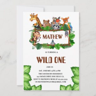 Convite Cute Tropical Jungle Safari Wild One 1º 