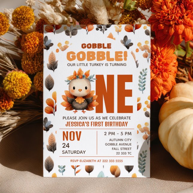 Convite Cute Turkey Fall Foliage Thanksgiving 1st Birthday (Criador carregado)