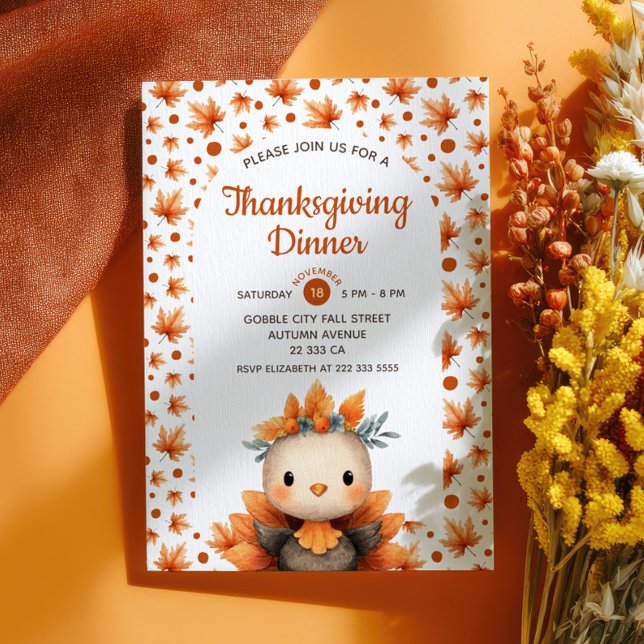 Convite Cute Turkey with Fall Foliage Thanksgiving Dinner  (Criador carregado)