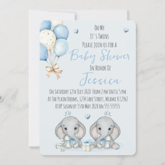 Convite Cute Twin Boys Elephant Baby Shower Invitation