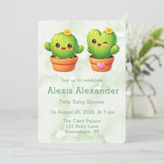 Convite Cute Twin Cactus Baby Shower (Em pé/Frente)