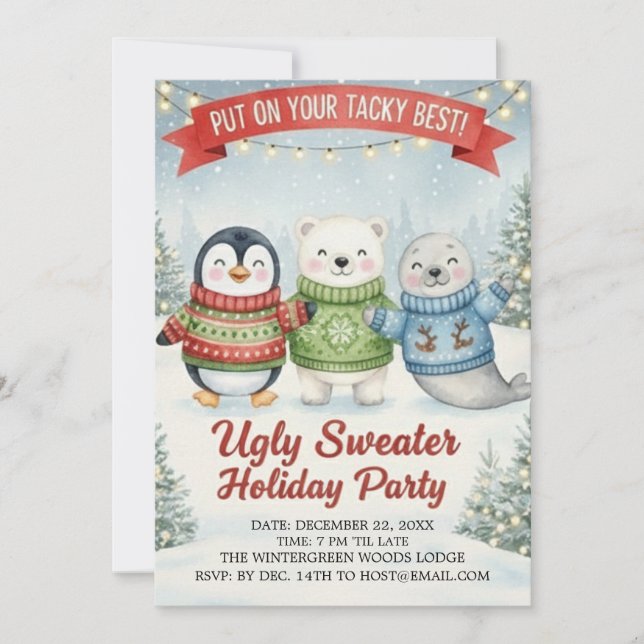 Convite Cute Ugly Sweater Holiday Party Penguin Polar Bear (Frente)