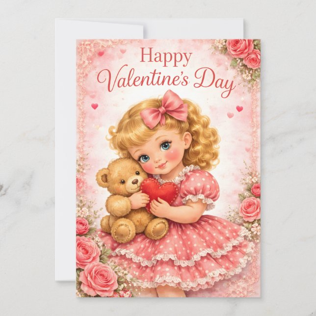 Convite  Cute Valentine's Day Girl with Teddy Bear (Frente)