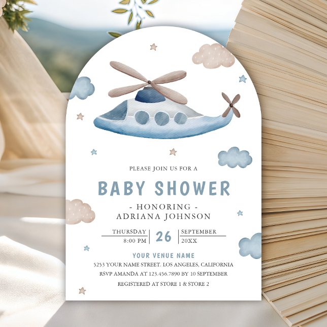 Convite Cute Vintage Retro Blue Helicopter Baby Shower (Criador carregado)