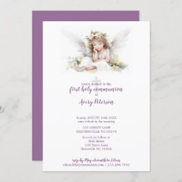 Convite Cute Watercolor Angel Cross Primeira Comunhão Sant