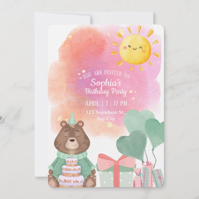 Convite Cute Watercolor Bear Birthday Invitation  (Frente)