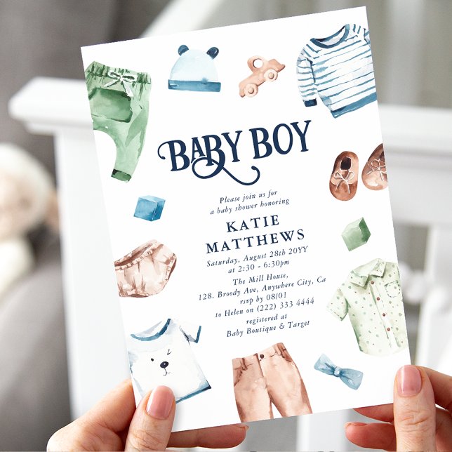 Convite Cute Watercolor Boy Clothes BOY Baby Shower (Criador carregado)