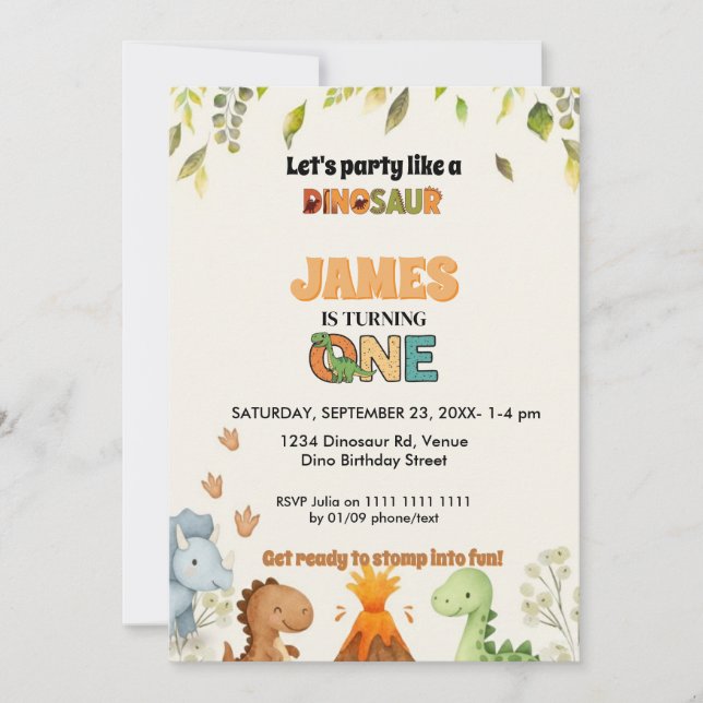 Convite Cute Watercolor Dinosaur 1st Birthday Invitation (Frente)