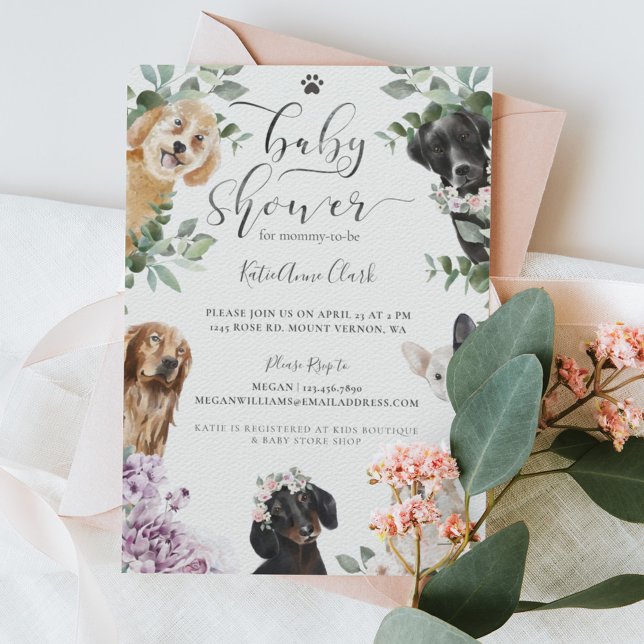 Convite Cute Watercolor Dogs Floral Garden Baby Shower (Criador carregado)