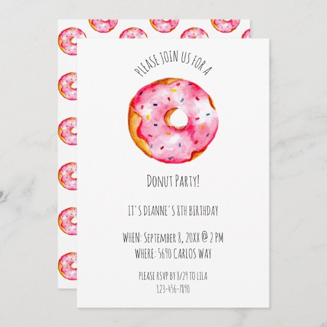 Convite Cute watercolor Donut pink Glaze birthday (Frente/Verso)