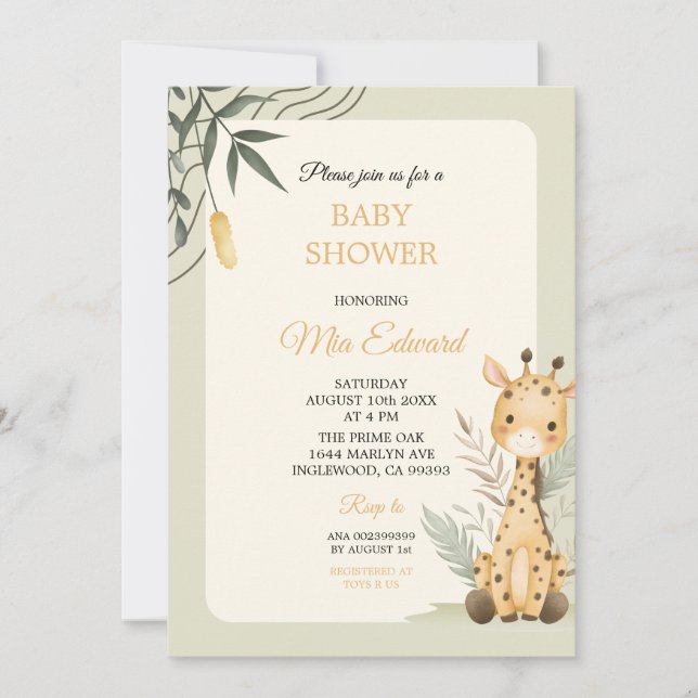 Convite Cute Watercolor Giraffe Baby Shower Design (Frente)