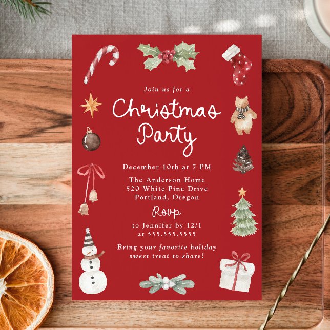 Convite Cute Watercolor Illustrations Red Christmas Party (Criador carregado)