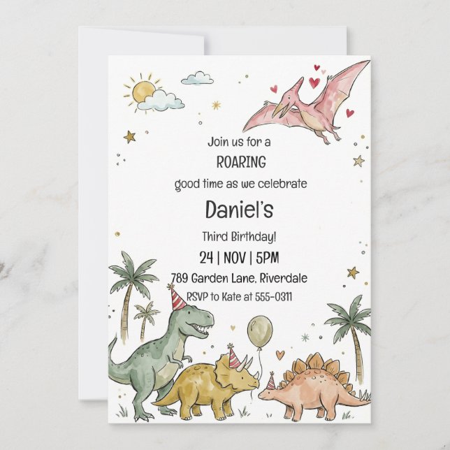 Convite Cute Watercolor Pastel Dinosaur Third Birthday (Frente)
