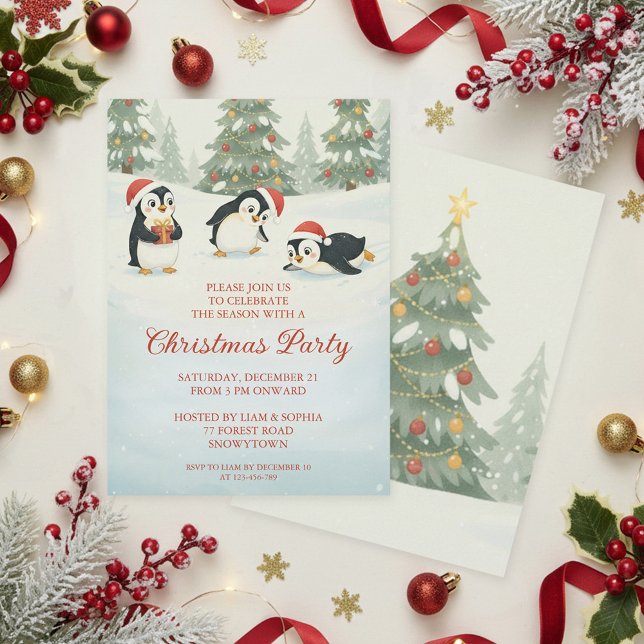 Convite Cute Watercolor Penguins Christmas Forest (Criador carregado)